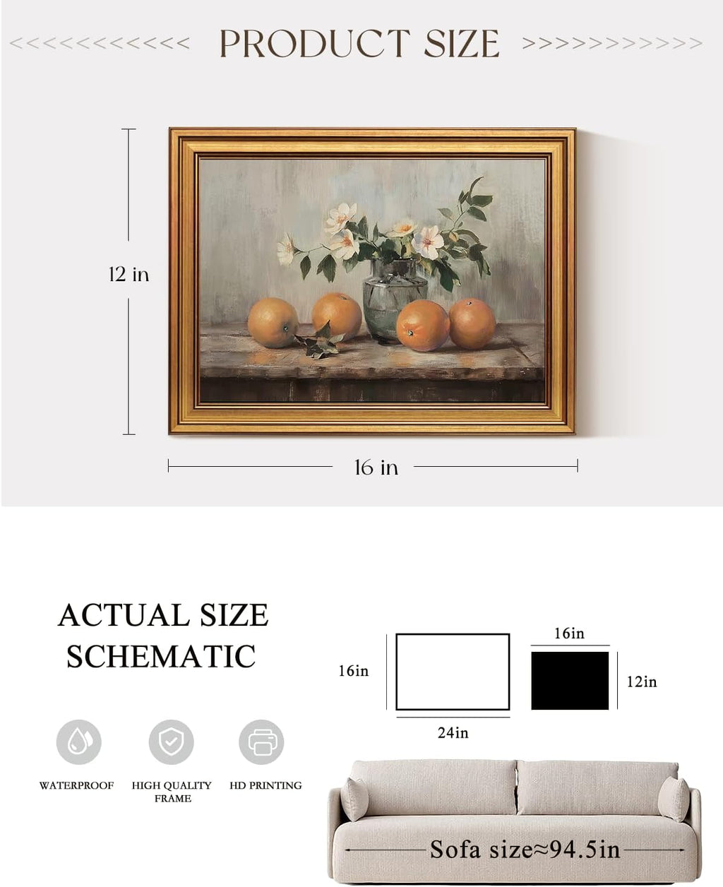 VIYYIEA Vintage Gold Framed Canvas Prints - Rustic Still Life Orange Art for Kitchen & Dining Room | 12x16 Inch