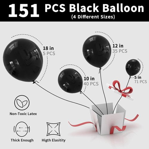 Labeol Halloween Balloons - 151PCS Black Latex Balloon Garland Kit | 18/12/10/5 Inch Sizes for Parties
