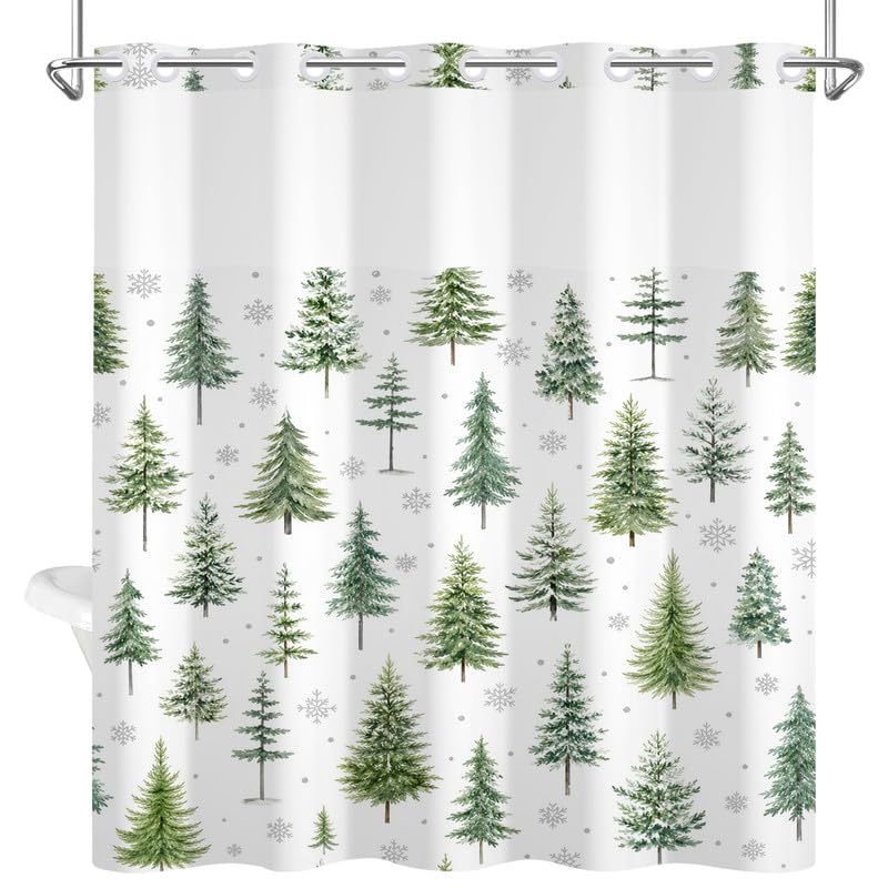 Leowefowa 71"x74" No-Hook Christmas Pine Tree Shower Curtain with Snap-In Liner, Waterproof Polyester Holiday Bath