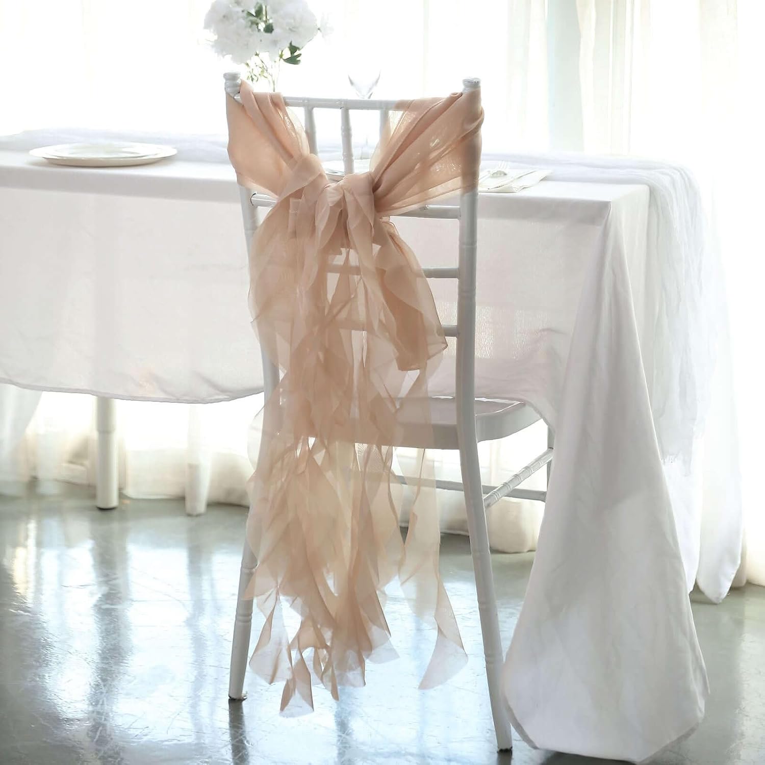 TableclothsFactory Premium Designer Curly Willow Chiffon Chair Sashes - Nude | Perfect for Weddings & Events