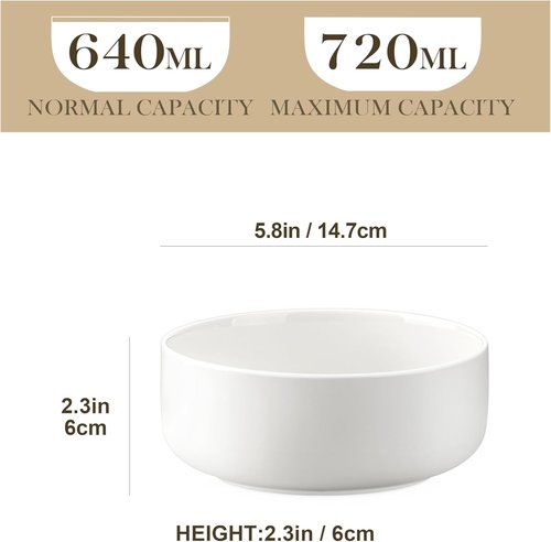 MALACASA 24 OZ Cereal Bowls Set of 6 - Porcelain Soup & Oatmeal Bowls | Dishwasher & Microwave Safe, White