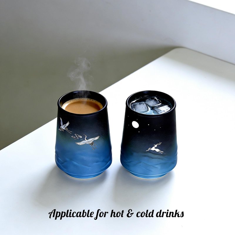 CmengAo Pottery Couple Coffee Cups Set of 2 - Gradient Blue Matte Glaze with Crane & Deer Design, Handcrafted Tea Coffee Mugs for Home Decor, Wedding Gift, 10 oz