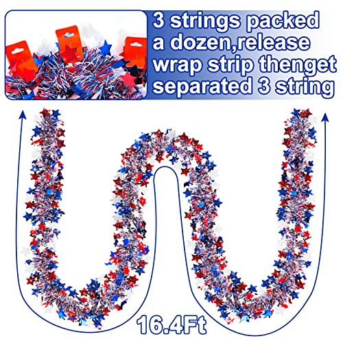 Patriotic 4th of July Tinsel Garland - 50ft Red White & Blue Star Decor