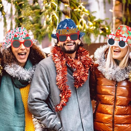 NICOWARM 12pc Christmas Photo Booth Prop Kit with Fedora Hats & Party Sunglasses