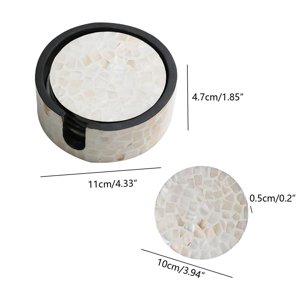 I-lan 6 Pack Mother of Pearl Coasters with Holder, 4.3 x 4.3 x 0.25 Inch Shiny Cream Seashell Inlay Round Cup Holder, Decorative Coasters Capiz Shell Trivet for Coffee Table