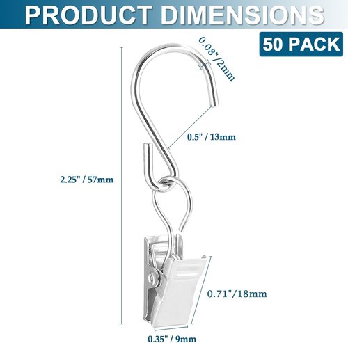 Litoexpe S Hooks - 50 PCS Metal Curtain Clips for Hanging Lights & Tents | Silver Finish