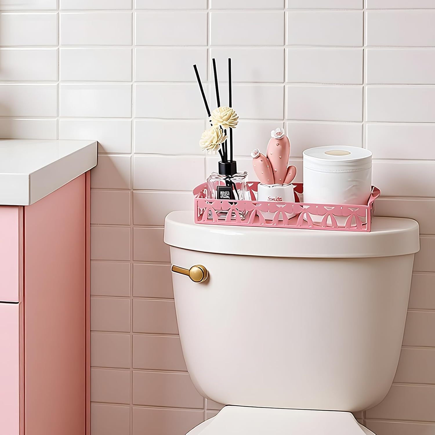 Skiennix Pink Bow Toilet Paper Basket - Cute Metal Holder with Handle for Bathroom Storage | Coquettish Decor