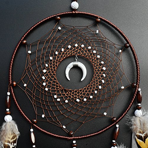Large Three-Ring Brown Dream Catcher with Feathers and Moon Pendant