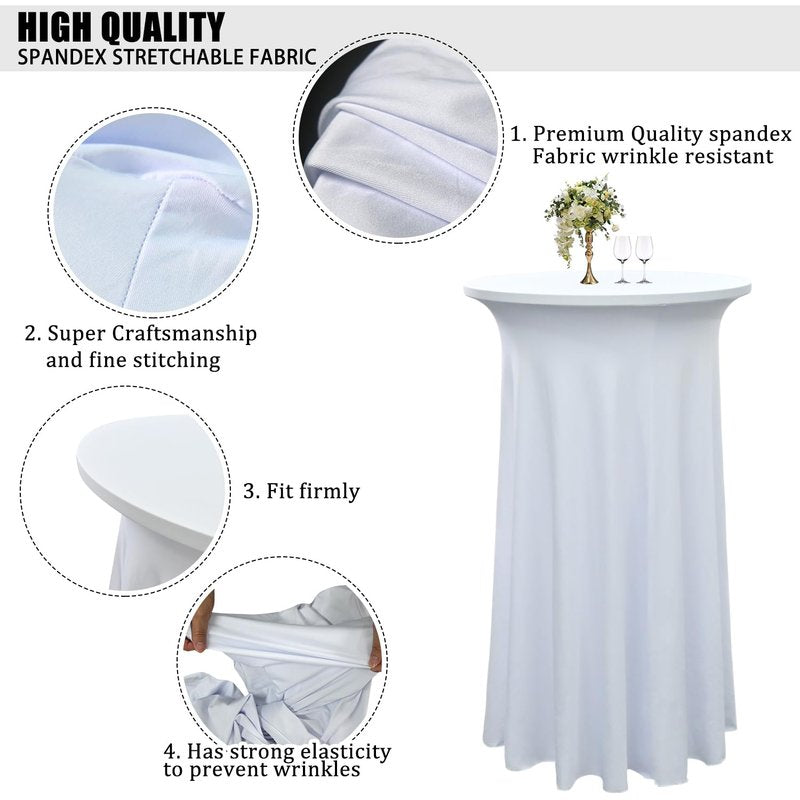 Yoquare 1-Pack 24"x43" White Round Cocktail Table Skirts | Stretch Spandex Fitted Tablecloths | Stain-Resistant, Wrinkle-Resistant, and Machine Washable for Bars, Weddings, Parties, and Banquets
