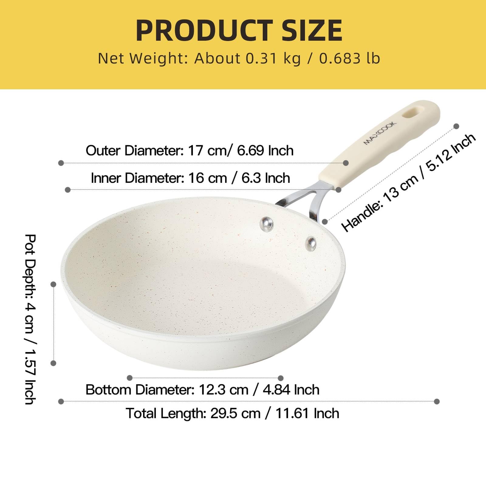 MAXCOOK Mini Nonstick Egg Pan, 6.3 Inch Omelet Pan, Small Single Serve Egg Nonstick Skillet, Medical Stone Coating Cookware with Heat-Resistant Handle (16 cm, White)