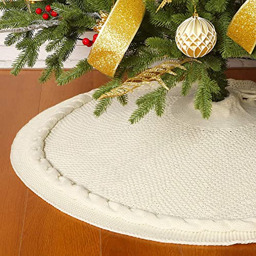 36-Inch Cable Knit Christmas Tree Skirt - Thick Cream Rustic Xmas Decor