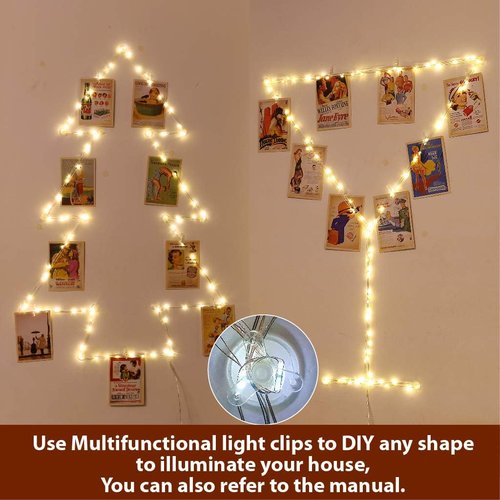 HXWEIYE 33Ft Warm White Photo Clips String Light - 100 LEDs with Timer & 8 Modes | Includes 52 Clear Clips & 12 Hooks for Bedroom Decor