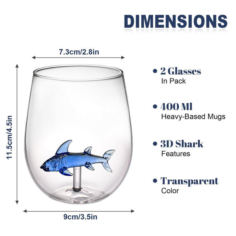 Handcrafted Shark Wine Glass - Personalized Set of 2 with 3D Sharks Inside - Red Wine Glasses - Unique Shark Lover Gifts - Ideal for Parties, Birthdays, Weddings - 14 oz Capacity (Blue)