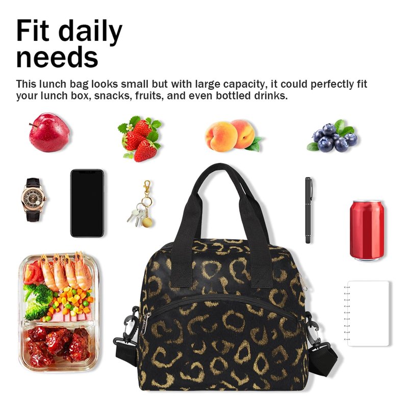Black Gold Leopard Cheetah Insulated Lunch Bag for Women Men Adult Lunch Tote Bag with Shoulder Strap Reusable Lunch Box Large Containers Thermal Cooler Bag for Work School Picnic Lightweight Handbag
