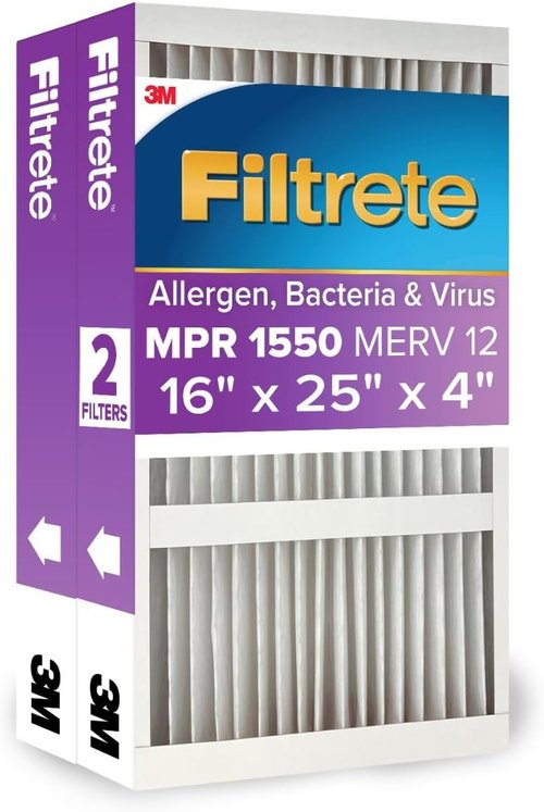 Filtrete 16x25x4 Air Filter - MERV 12, MPR 1550, Asthma & Allergy Friendly - 2-Pack, Pleated HVAC Filters