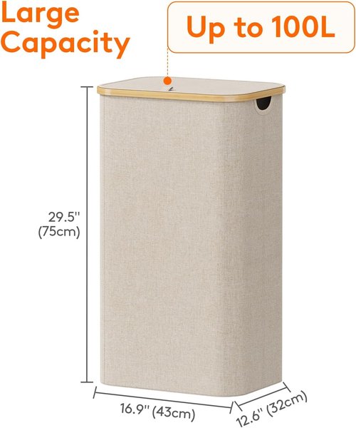 Lifewit 100L Laundry Basket - Foldable Hamper with Lid & Bamboo Handles | Beige, Removable Bag