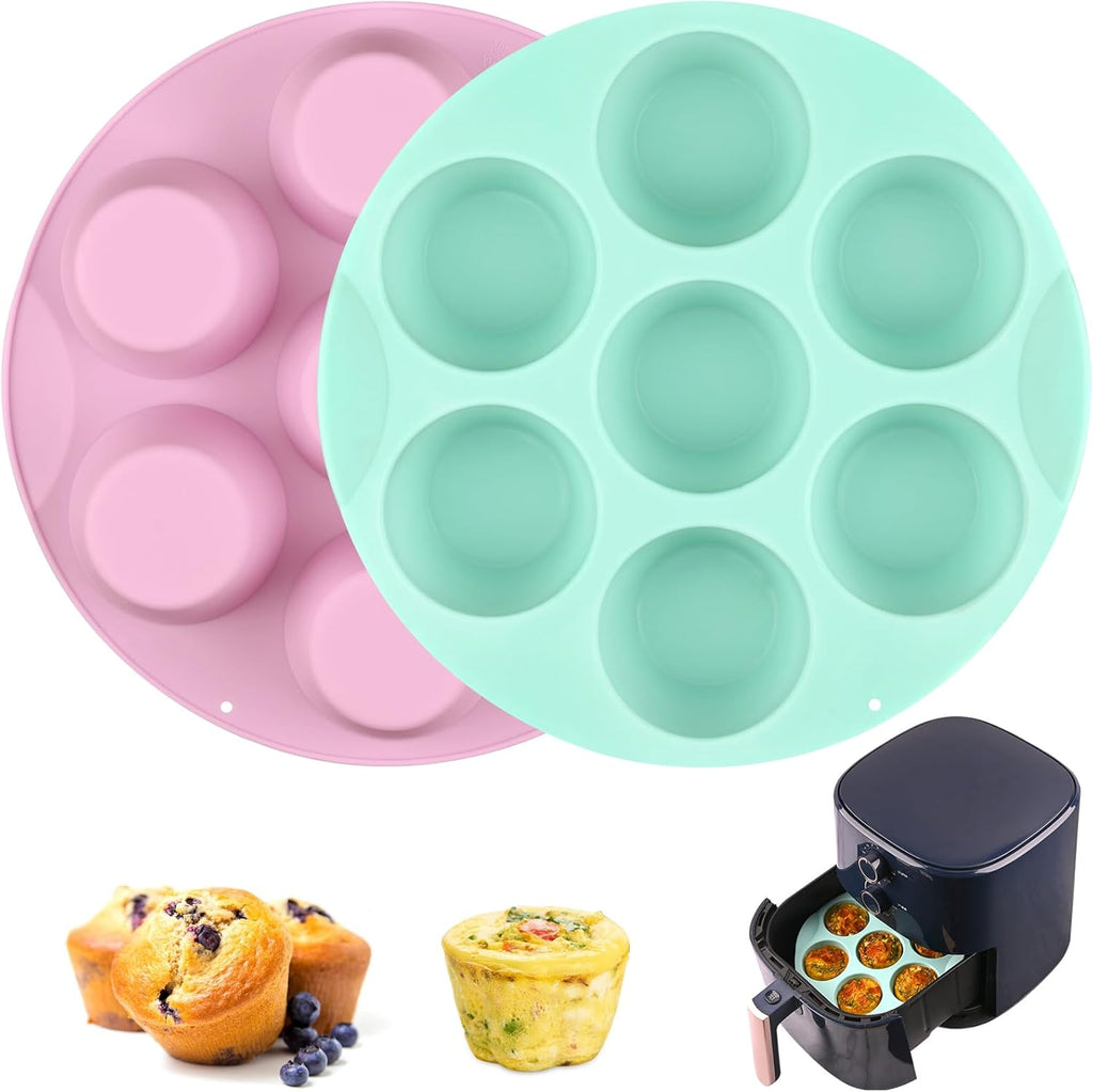 Sakolla Silicone Egg Bite Molds - Nonstick 7-Cup Air Fryer Muffin Pan for Baking Mini Muffins & Quiches | Pink & Green