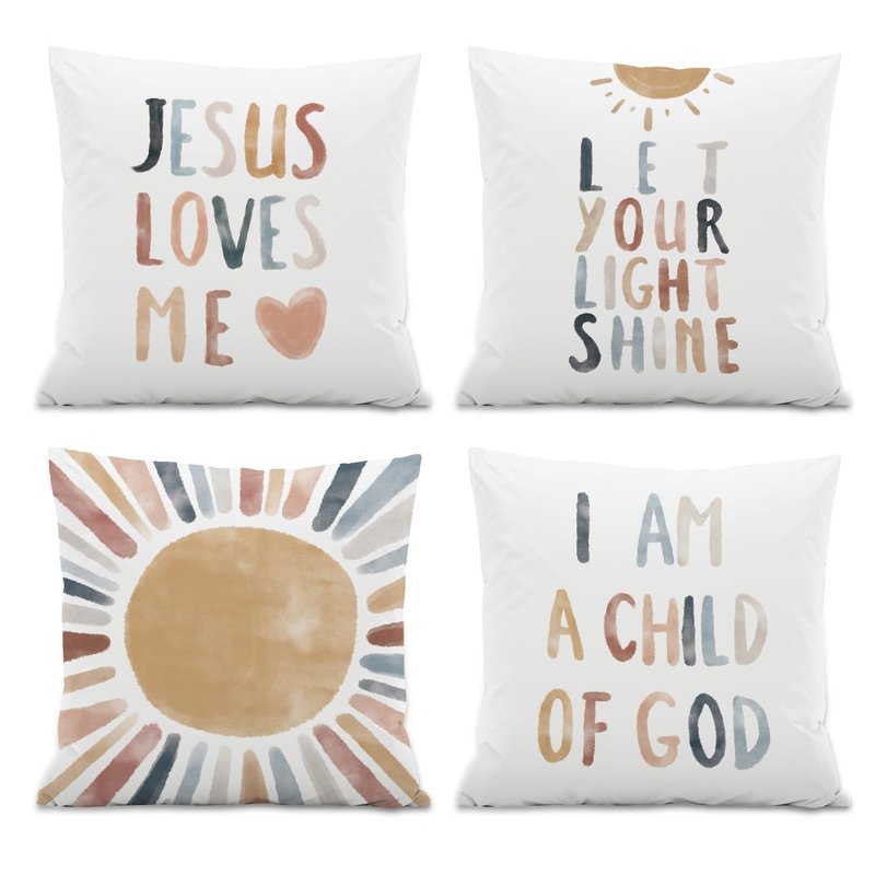 ISANOU Jesus Loves Me Throw Pillow Covers, Sun Decorate Pillow Covers for Nursery Baby Room Kids Room,Inspirational Bible Verses 18x18 Inch Pillowcase Set of 4