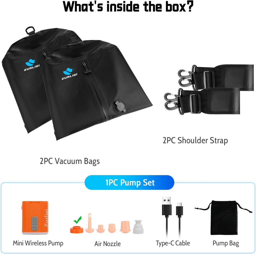 Zurligi Travel Vacuum Bags - IPX8 Waterproof Compression Bags with Mini Pump | 39L for Clothes & Luggage (2-Pack, Black)