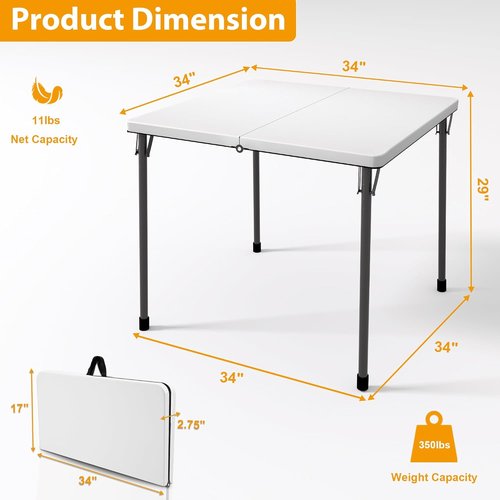 Kasunpul 34" Folding Table - Portable Square Card Table with Collapsible Legs & Carrying Handle | Ideal for Camping, Picnics, Office & Parties - White