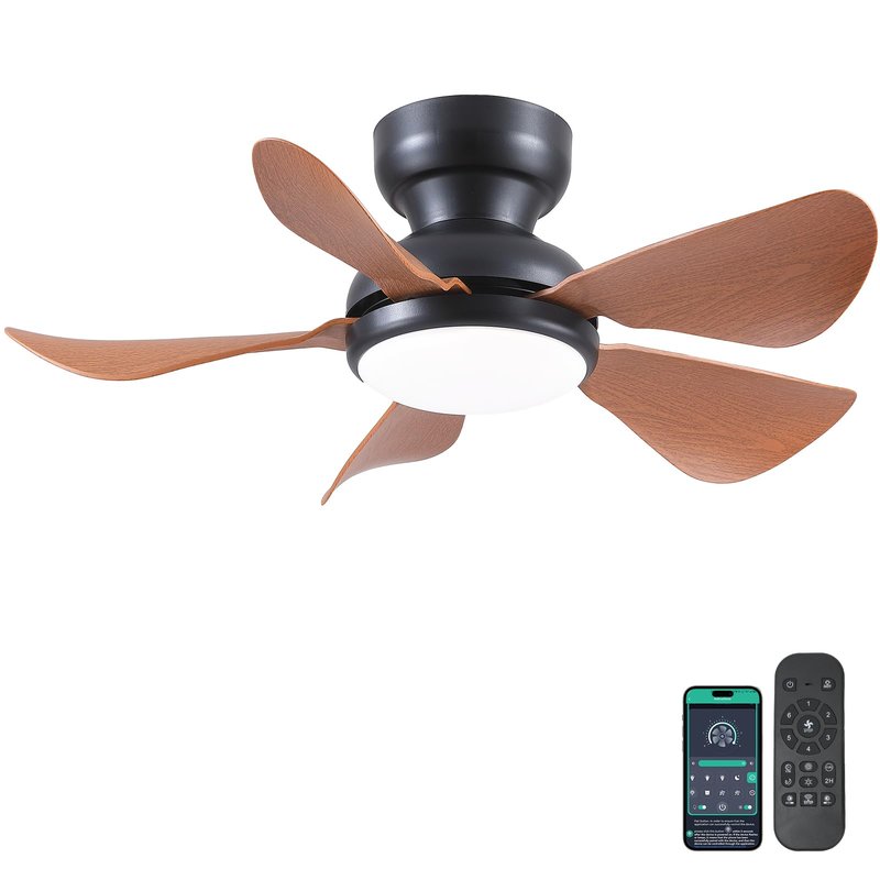 Kviflon 32 Inch Modern Ceiling Fans with Lights, Small Flush Mount Ceiling Fan with Light and Remote/APP Control, 5 Reversible 6 Speeds Curved Blades, 3 CCT Dimmable Lights for Kids Room, Brown