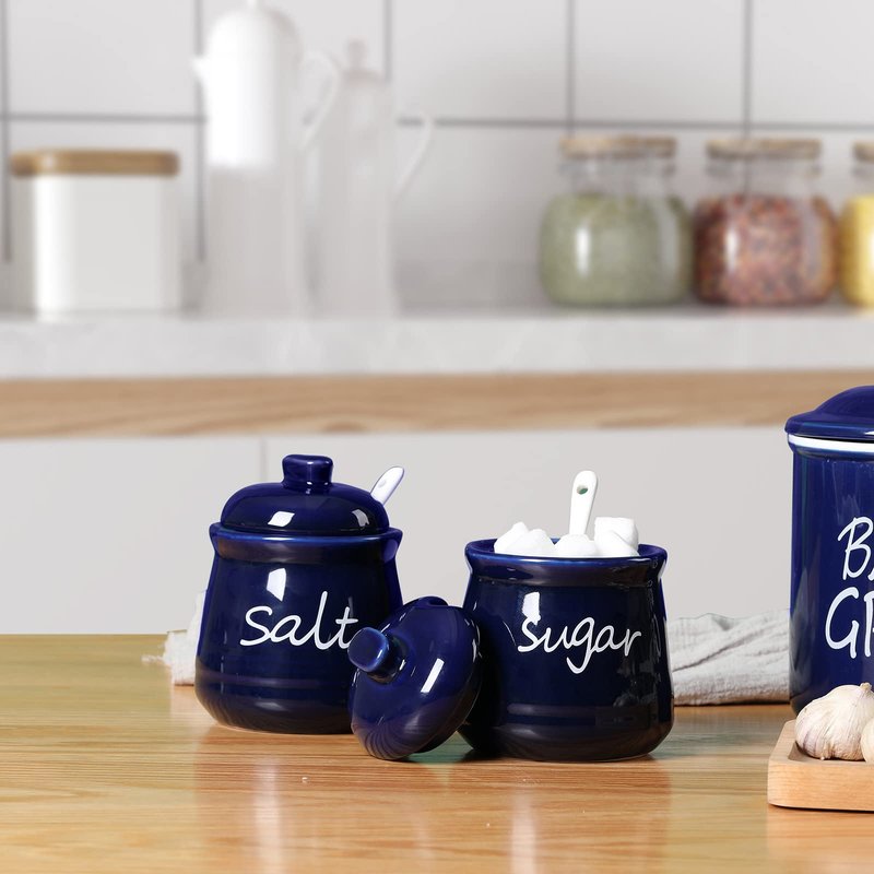 12oz Sugar and Salt Bowls with Lid and Spoon, Ceramics Condiment Pots,Seasoning Jar Spice Container for Kitchen,Dishwasher Safe (White)