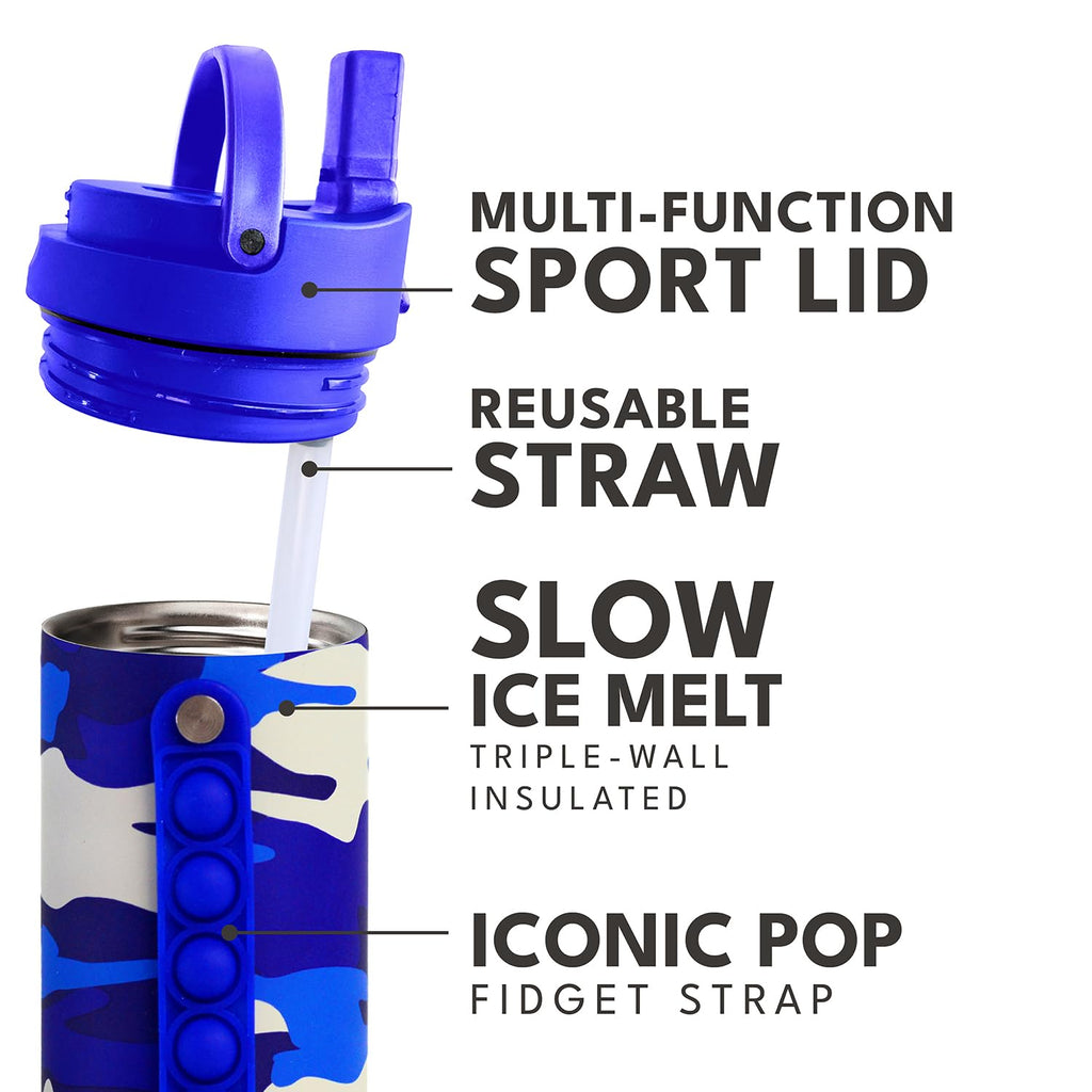 Elemental Iconic Kids Water Bottle with Straw Lid & Stress Reliever Pop It Handle, Leak-Proof When Closed, Triple Insulated Stainless Steel Reusable Thermos Water Bottle, 20oz - Blue Camo