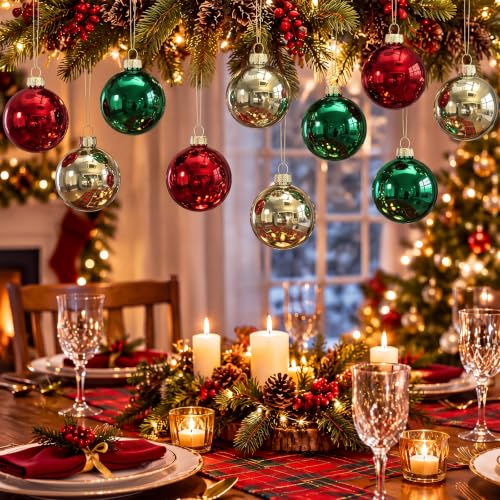 16 Pack Christmas Glass Ornaments - Red Green Gold Shiny Holiday Decorations