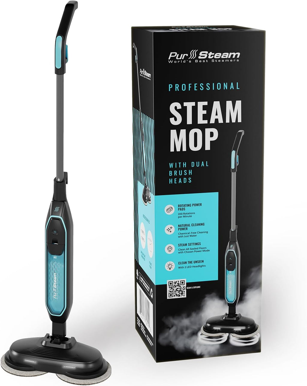 Pursteam ScrubMaster Steam Mop - Dual Scrubbing Head, LED Lights & Adjustable Steam Control | Versatile Cleaning Tool