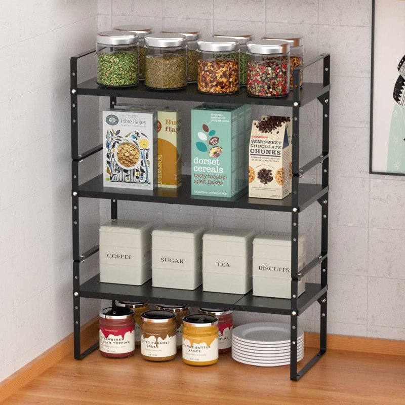 Slideep Expandable Counter Organizer Shelf, Stackable Cabinet Shelves Organizer Storage Rack Cupboard Stand Spice Rack for Kitchen Bathroom Pantry Black -2 Set