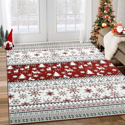 GarveeHome Red 6' x 9' Christmas Vintage Boho Medallion Area Rug, Non-Slip Low-Pile Indoor Carpet