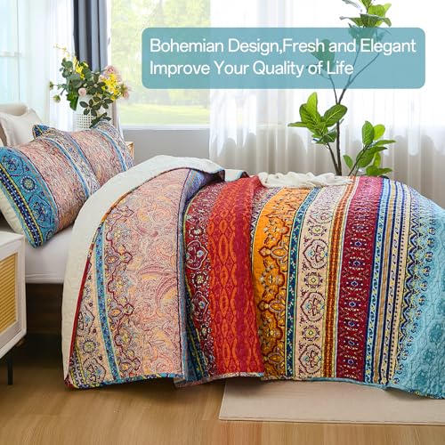 WONGS BEDDING Boho Queen Quilt Set - 3-Piece Lightweight Bedspread Coverlet