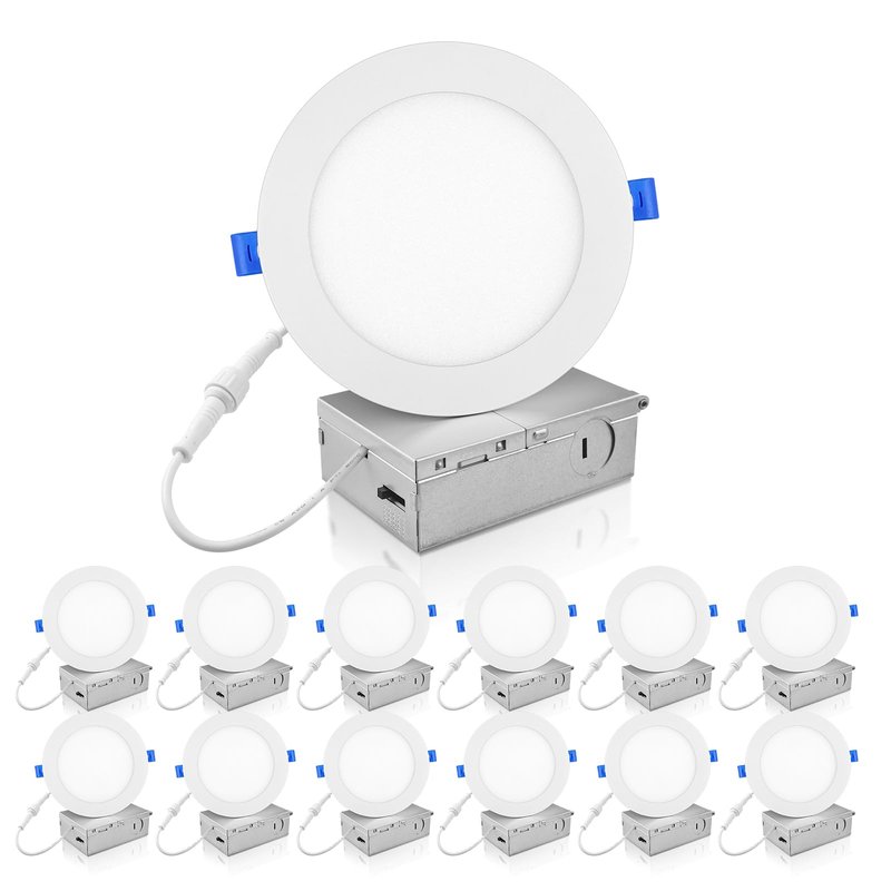 ECOELER 12 Pack 6 Inch Slim LED Recessed Lighting with Junction Box, 12W 1100Lm, 4000K Cool White, Dimmable LED Ceiling Downlights, High Brightness Wafer Lights, ETL & FCC