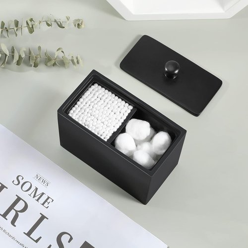 Luxspire Cotton Swab Holder - Stylish Qtip Dispenser with Lid & 2 Compartments | Matte Black Bathroom Organizer