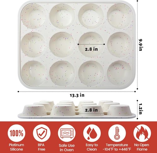 CAKETIME Silicone Muffin Pan - Non-Stick 12-Cup Cupcake Pan with Metal Reinforced Frame | Easy to Use