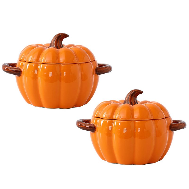 FYUEROPA 2 Pcs Pumpkin Bowl Set with Lid and Handle, 17 Oz Ceramic Ramekins for Baking, Casserole Dish Individual Severing Pot, Stoneware, Oven Safe (Orange)