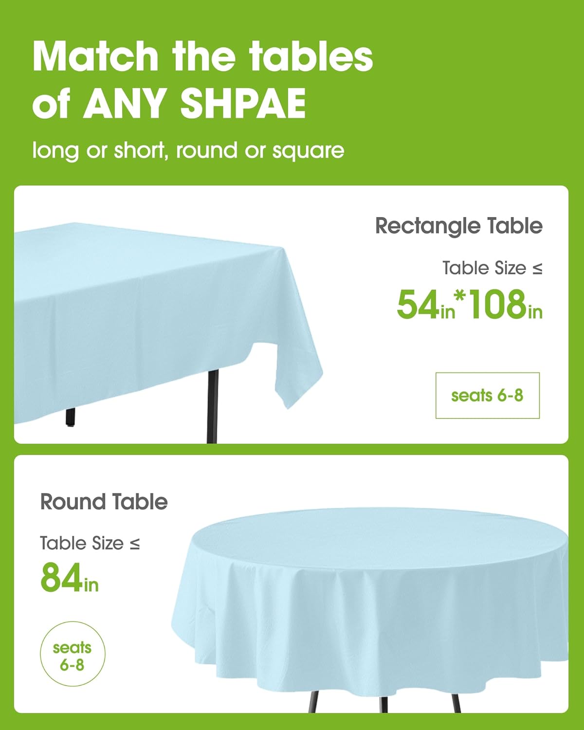 Pureegg Disposable Plastic Tablecloths - 8 Pack, 54 x 108 Inch, Leakproof & Sturdy, Baby Blue for Parties & Weddings