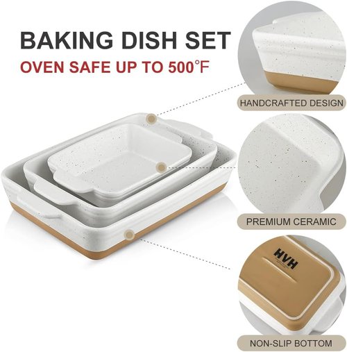 HVH Baking Dish Set - Large 9x13 Ceramic Casserole Dish | Deep Lasagne Pan - Farmhouse White, Set of 3