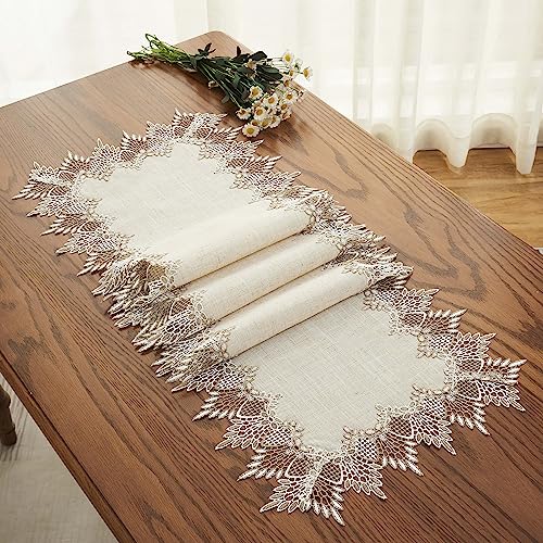 Natural Linen Table Runner 16 x 72 Inches Beige Lace for Dining & Decor