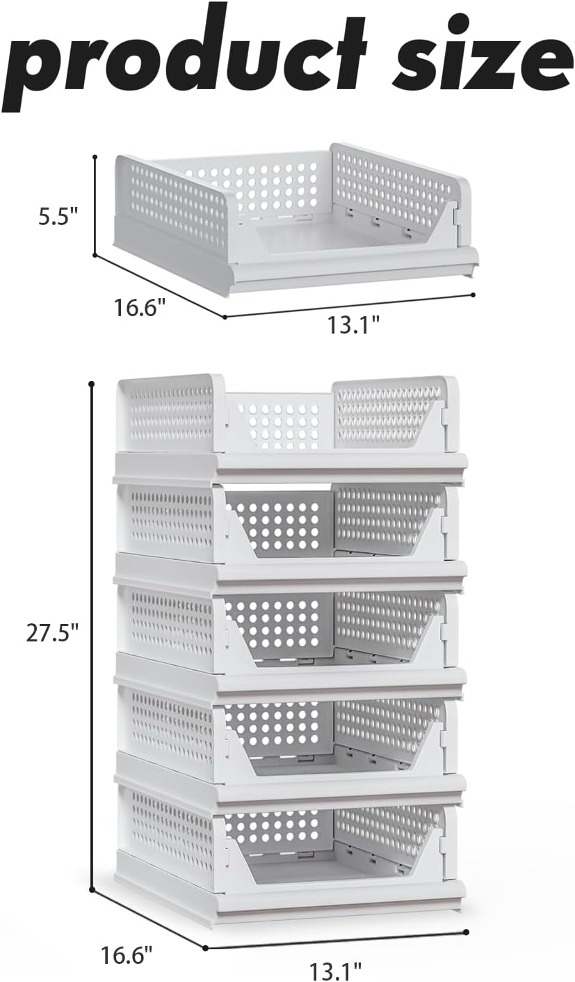 Proarea Stackable Storage Bins - 5 Pack Foldable Closet Organizer Baskets for Clothes | White