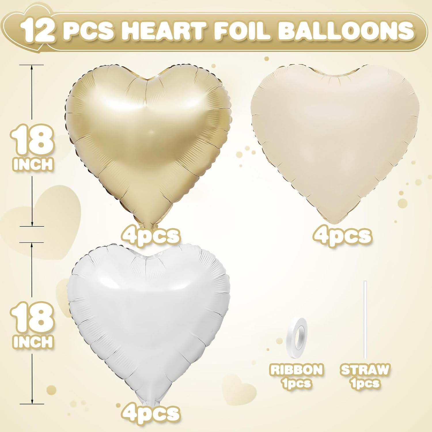 Skiennix Heart Balloons - 12Pcs Cream White & Gold Foil Balloons | 18-Inch Beige Helium Decor for Baby Showers & Weddings