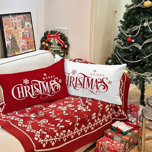 Lanpn 12x24 Xmas Pillow Covers Set of 2 Red & White Merry Christmas Snowflake - Front Print, Back Plain