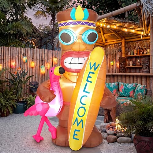 5 FT Inflatable Tiki Flamingo Outdoor Decoration with Built-In LED Lights