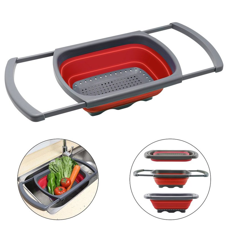 Qimh Colander Collapsible, Over The Sink Veggies/Fruit 6-Quart Strainers and Colanders with Extendable Handles, Folding Strainer for Kitchen