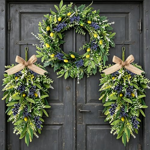 3-Piece Artificial Eucalyptus and Olive Wreath Set for Front Door Decor