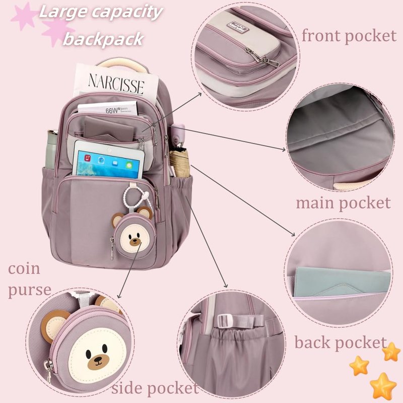 EKUIZAI Girls Aesthetic Backpack Elementary Middle Cute Schoolbag Classic Girls Backpack with Charms