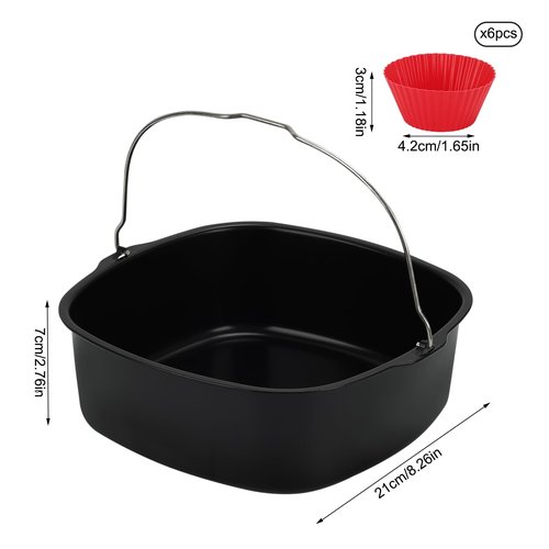 BSDLZCH 8inch Air Fryer Cake Pan, Non-stick Air Fryer Cake Barrel Square Deep Baking Pan Pizza Baking Pan for Instant Pot Cake Tray Basket Kitchen Accessorie Set (with 6 muffin cups)