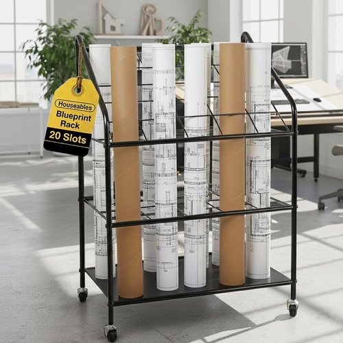 Houseables Blueprint Holder - 20 Slot Architect Storage Cart on Wheels | Durable Print Organizer