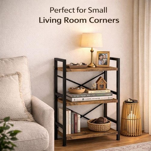 Orchidleaf Small Bookshelf for Small Spaces, 3-Tier Industrial Bookcase with Metal Frame and Wood Shelves, Narrow Storage Shelf for Living Room, Bedroom, Apartment
