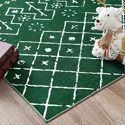 COLLACT 8' x 10' Green Xmas Tree Moroccan Holiday Rug - Washable Non-Slip Christmas Carpet for Living Room & Bedroom